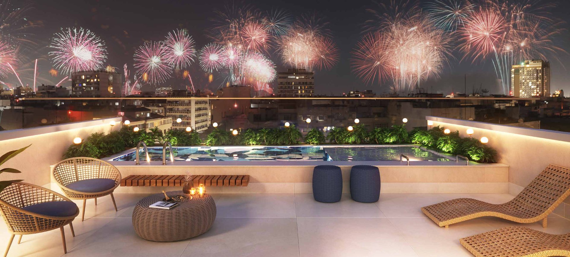 Rooftop com fogos de Copacabana